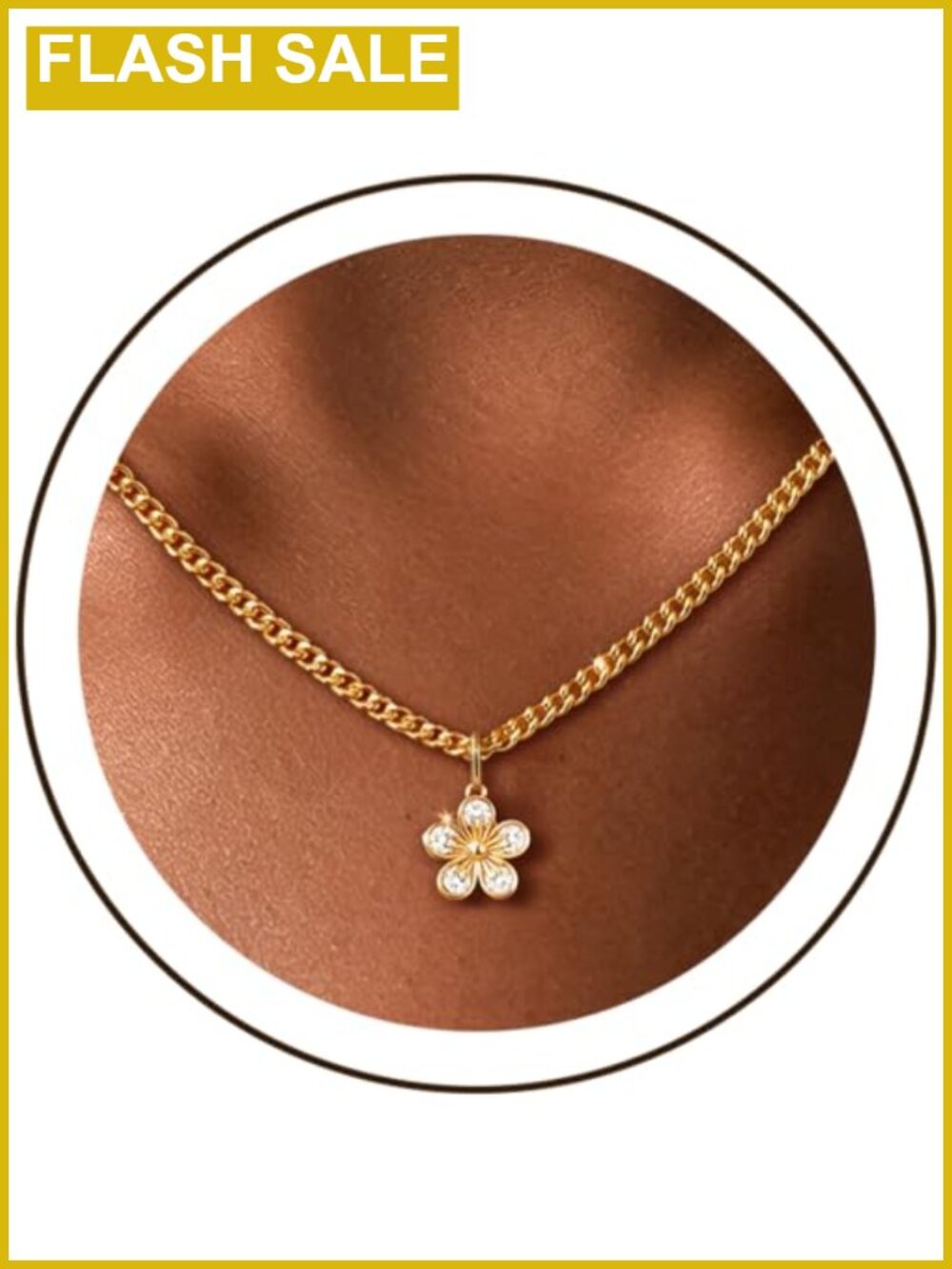14K Gold Plated Chunky Chain Choker Necklace CZ Flower Pendant Adjustable